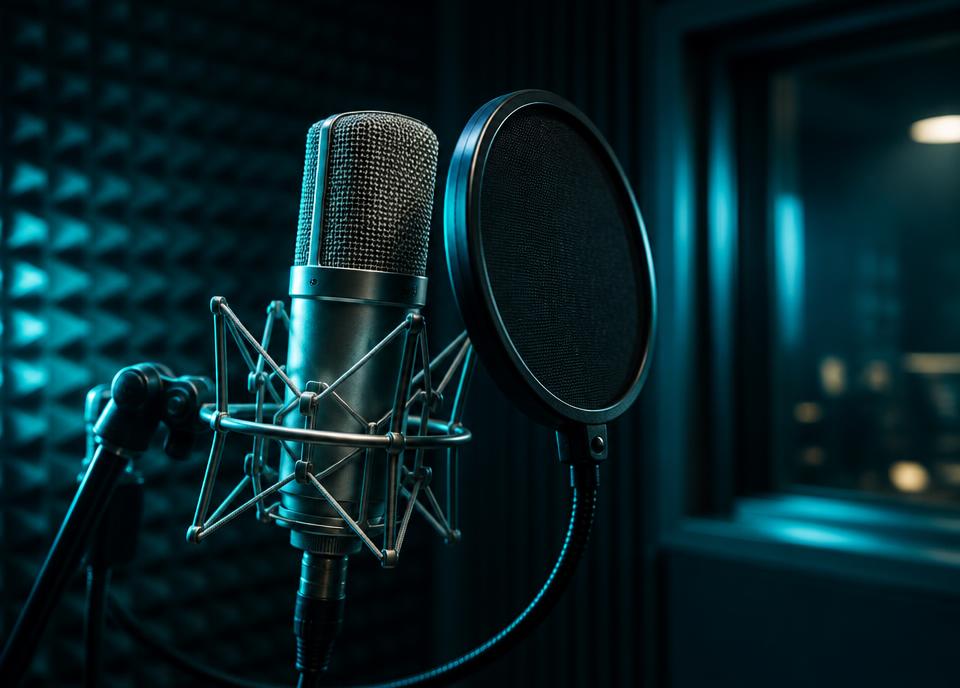 Recording microphone and pop filter in a teal-lit studio